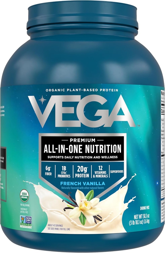 Vega Organic All-in-One Vegan Protein Powder French Vanilla (43 Servings) Superfood Ingredients, Vitamins for Immunity Support, Keto Friendly, Pea Protein for Women & Men, 3.10lbs(Pack of 6)