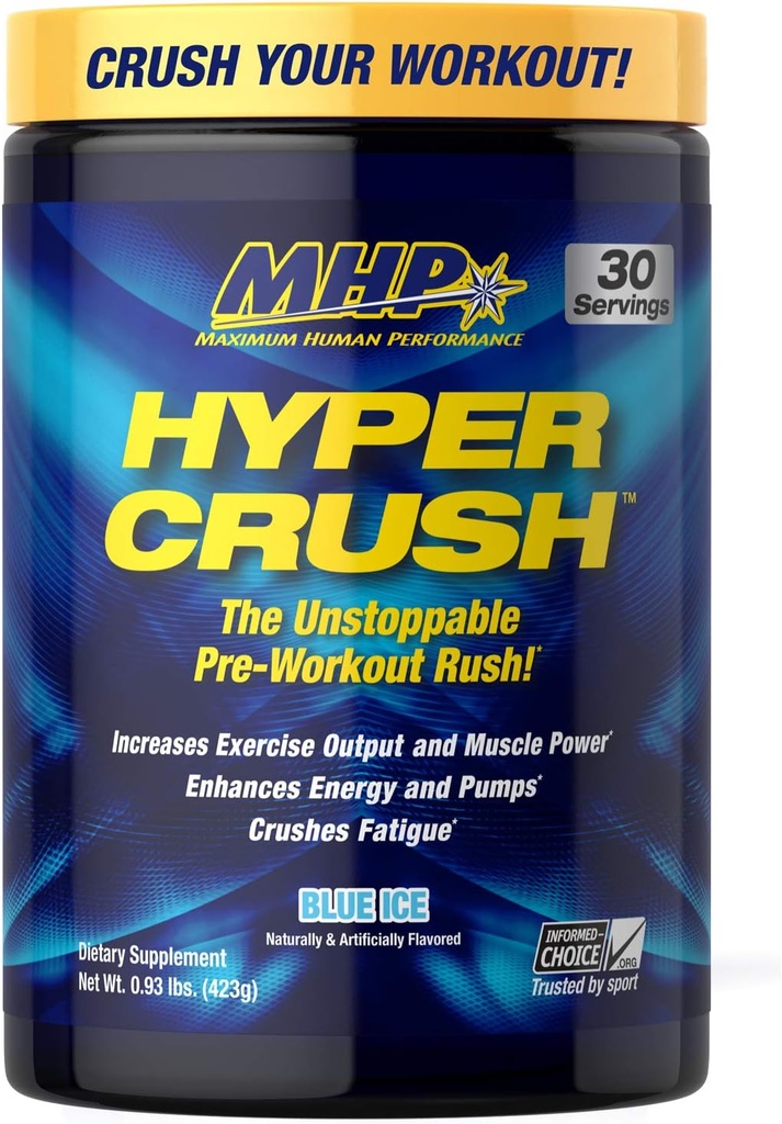 Maximum Human Performance MHP HYPER CRUSH Pre Workout energy drink creatine beta alanine nitric oxide pump citrulline AKG 30 Servings, Blue Ice, 14.88 Ounce
