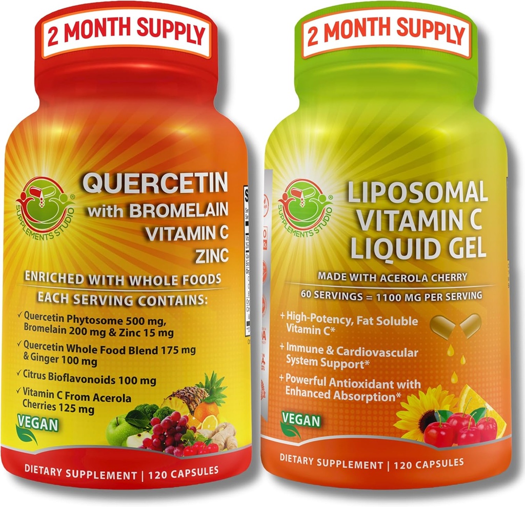 Immune Support Bundle - Quercetin with Bromelain, Vitamin C & Zinc + Liposomal Vitamin C 1100mg – with Organic Whole Food Blend & Acerola Cherry – Antioxidant, Respiratory & Cardiovascular Support