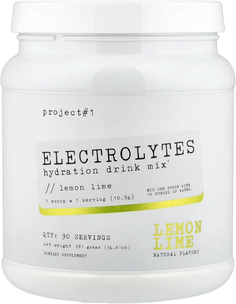 Project #1 Electrolyte Drink Mix - Lemon Lime Flavor - Enhanced Hydration with Potassium & Coconut Water - Low Calorie, High Performance Electrolyte Powder for Fitness & Endurance - 90 Servings