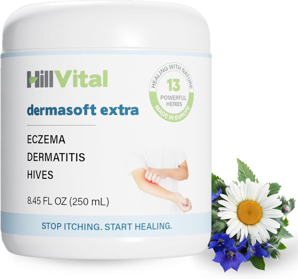 HillVital Eczema Cream for Kids - Hydrating Moisturizer for Adults, Herbal Baby Eczema Relief, Itch Relief Hives Treatment, Anti Itch Lotion and Seborrheic Dermatitis Balm 8.5 fl oz