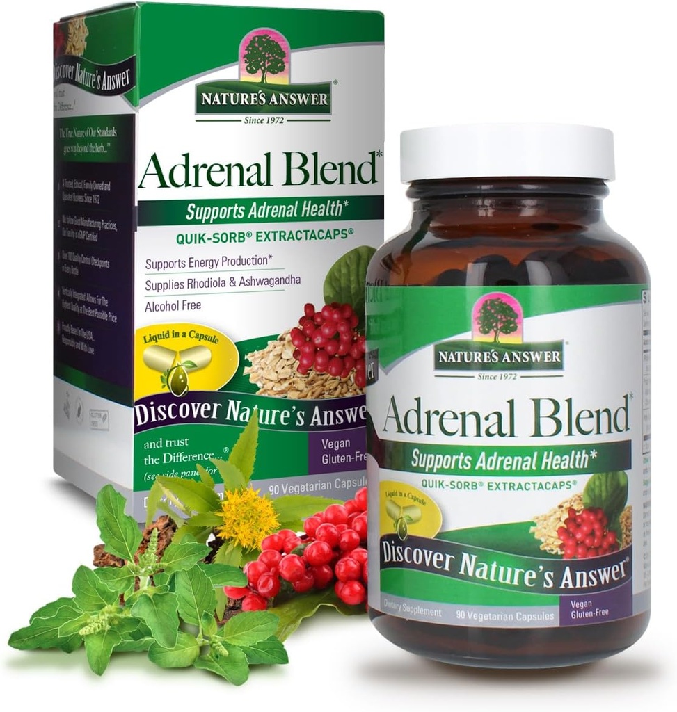 Nature's Answer Extracaps Adrenal Blend Stress Away Vegetarian 90 Capsules Vegan Vegetarians Herbal Combination Dietary Supplement No Harm
