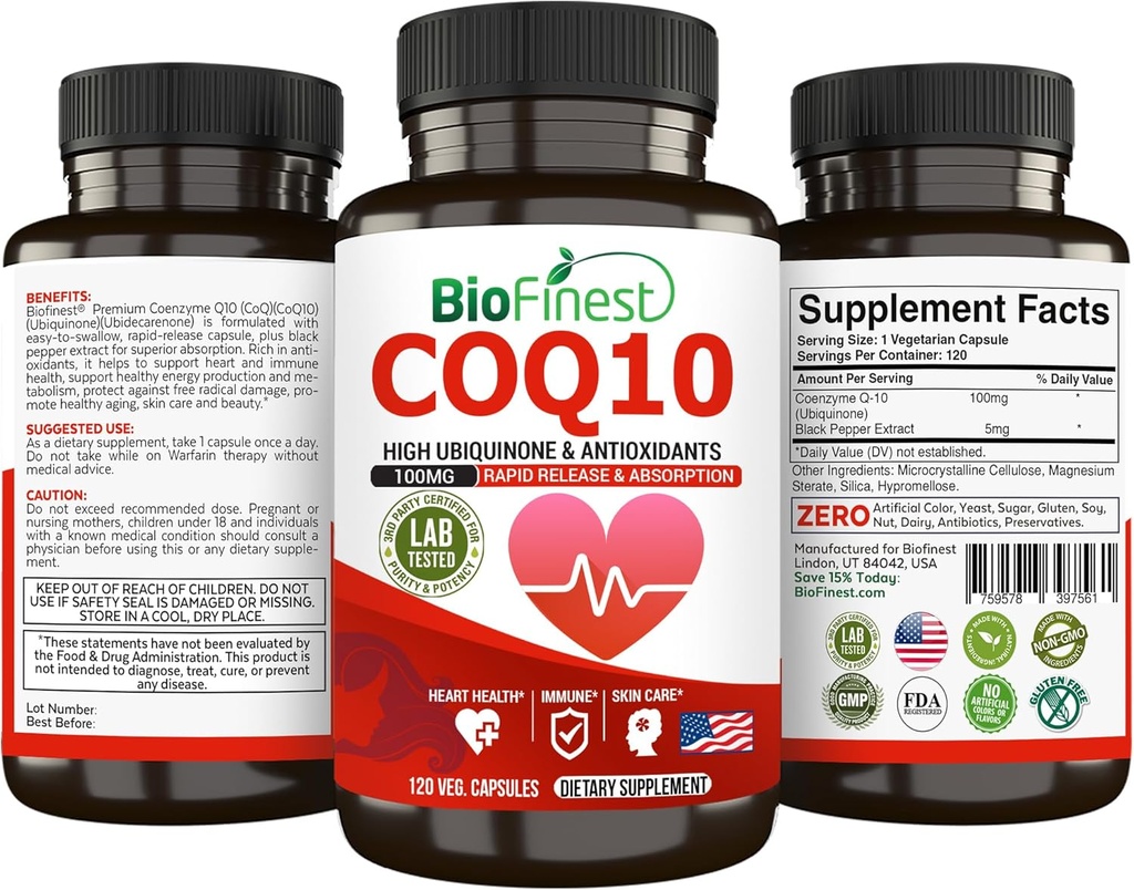 BioFinest CoQ10 Coenzyme Q10 100mg Supplement - Rapid Release Fast Absorption - Immune Heart Energy Antioxidant (120caps)