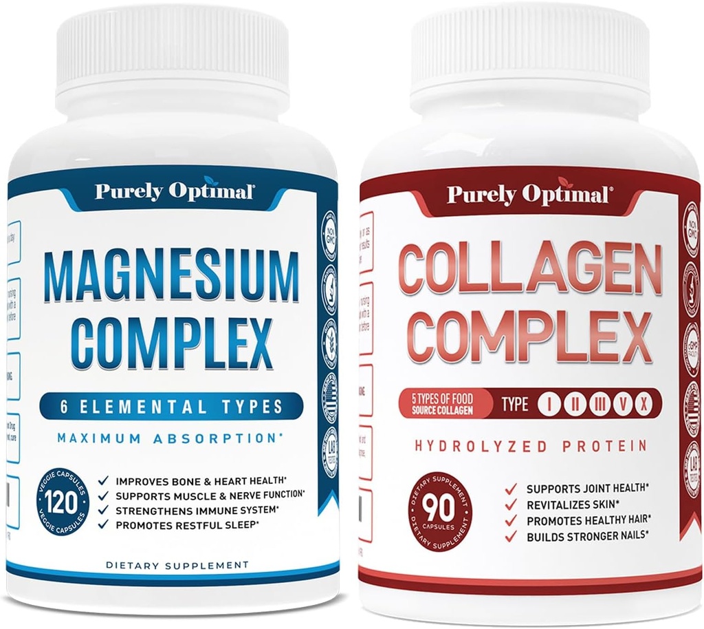 Purely Optimal Premium Magnesium Complex - Magnesium Citrate, Malate, Muscle Relaxation - 120 caps + Purely Optimal Premium Multi Collagen Peptides Capsules (Types I, II, III, V, X)