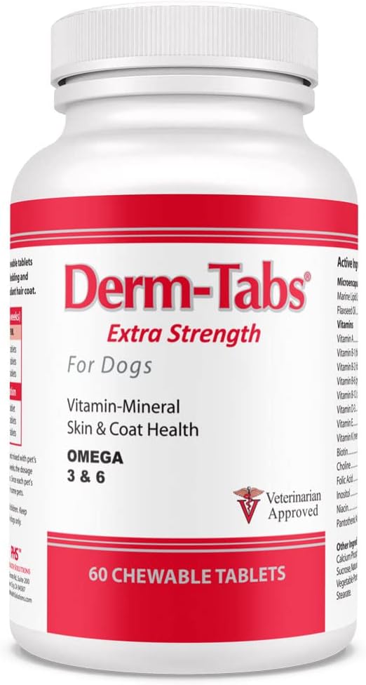 Derm Tabs Extra Strength for Dogs - Natural Oil, Vitamins, Minerals, and Antioxidants - Support Healthy Skin and Reduce Shedding -60 Chewable Tablets