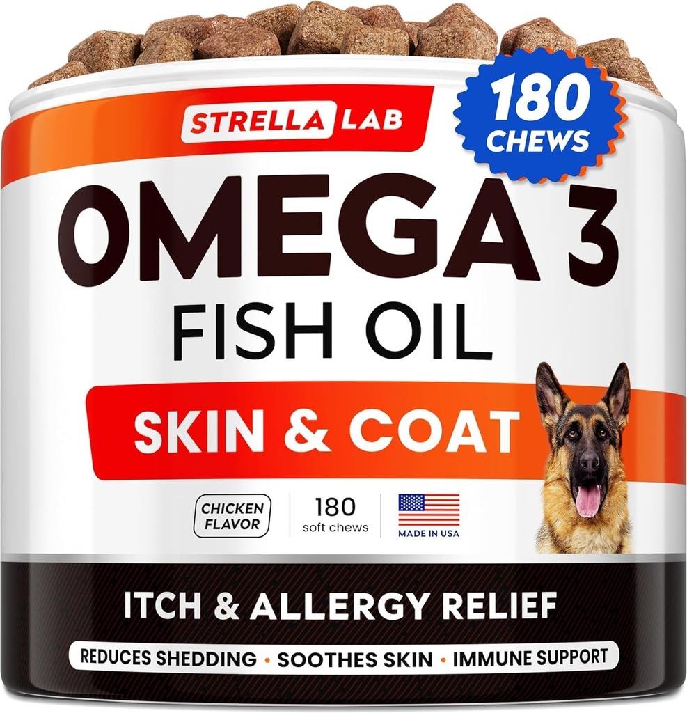 StrellaLab Omega 3 for Dogs - (180Ct) Fish Oil Treats - Allergy & Itch Relief Skin & Coat Supplement - Dry Itchy Skin, Anti Shedding & Hot Spots Treatment - Pet Salmon Oil Chews - Chicken Flavor