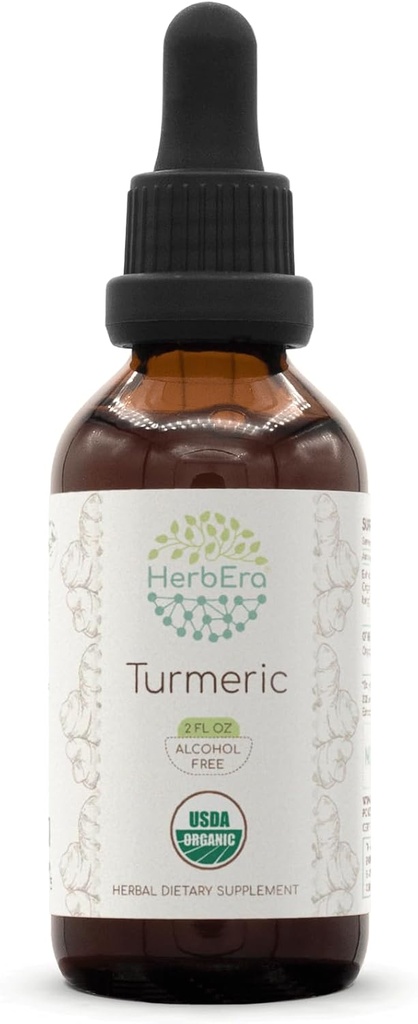 HerbEra Turmeric B60 USDA Organic Tincture | Alcohol-Free Extract, High-Potency Herbal Drops | Certified Organic Turmeric (Curcuma Longa) Dried Root (2 oz)