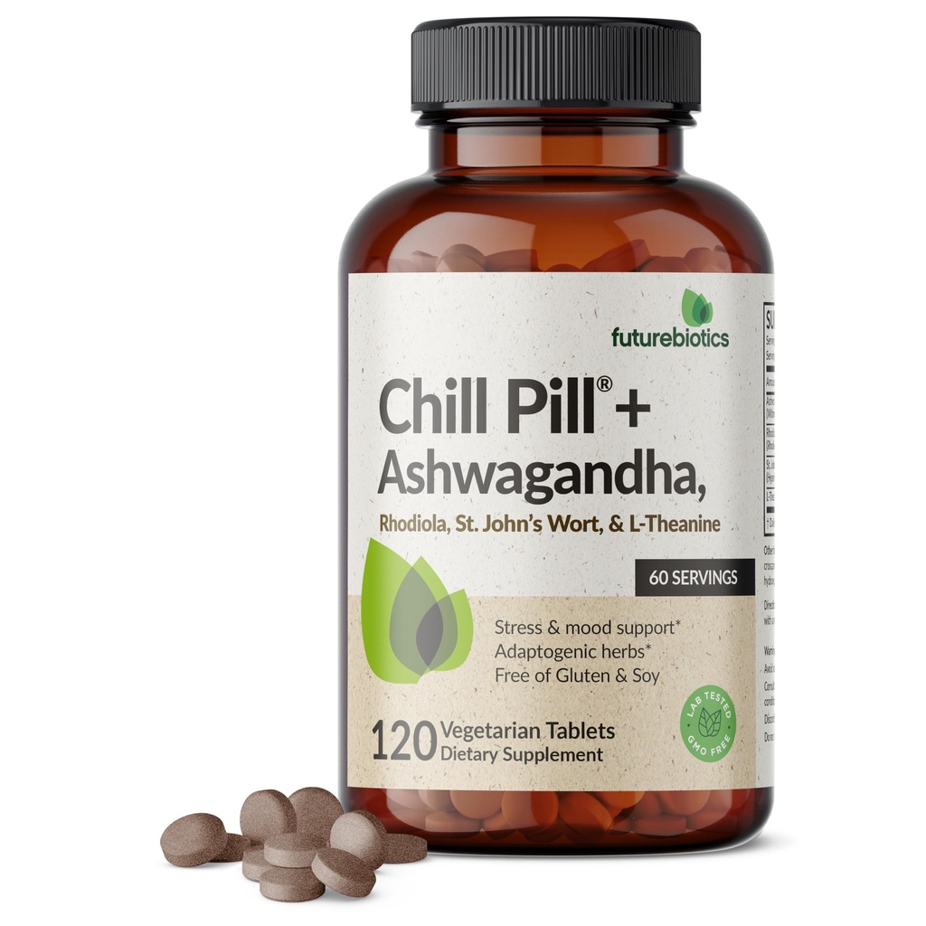 Futurebiotics Chill Pill + Ashwagandha, Rhodiola, St. John’s Wort, & L-Theanine - Non-GMO, 120 Vegetarian Tablets