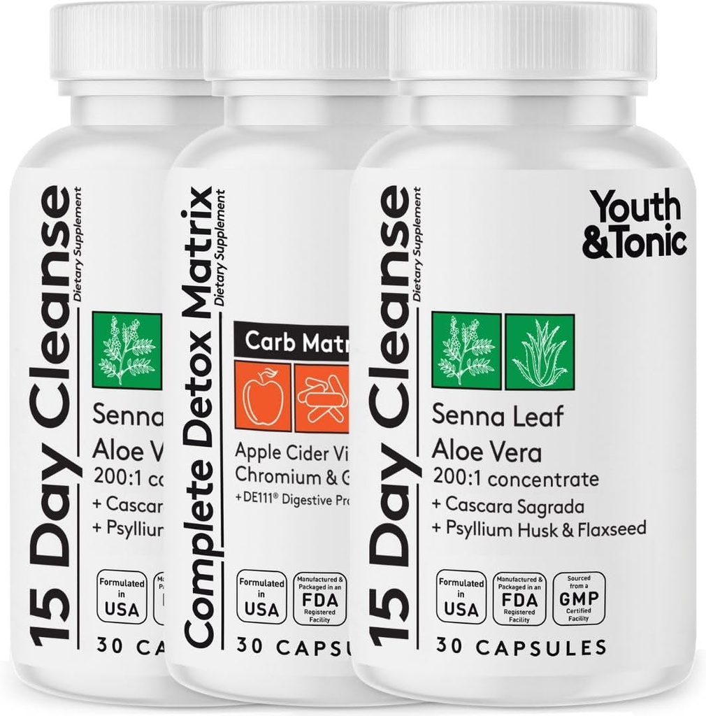 Youth & Tonic Extra Colon Cleanser & Complete Detox Matrix | Laxatives Fibers ACV Chromium Glucomannan | for Loss of Waste, Break The Plateau, Bloating