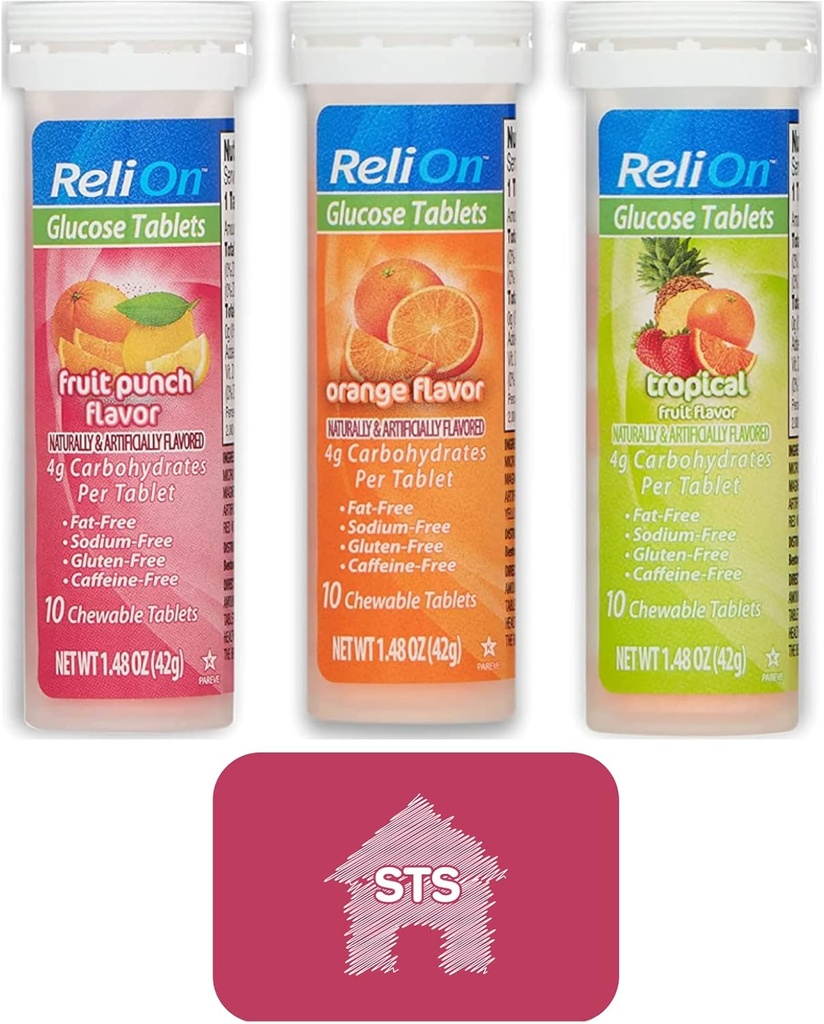 Relion Glucose Tablets (Mix Flavors) Orange, Tropical and Fruit Punch - Total 30 Tablets + STS Sticker.