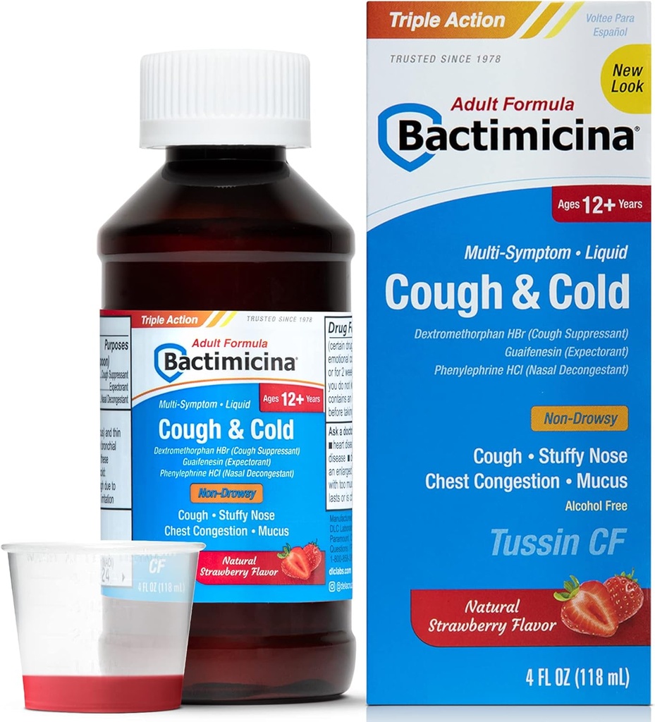 Bactimicina Cough & Cold Liquid - Expectorant and Decongestant - Ages 18 and Up - 4 Fl OZ