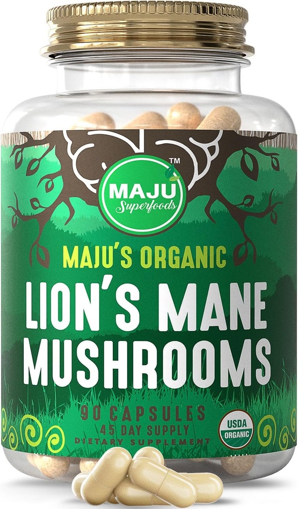 Maju Superfoods Organic Lions Mane Mushroom Capsules 90ct, Fruiting Bodies Steam Extract, Organic Mushrooms with Black Pepper Extract, Hericium Erinaceus