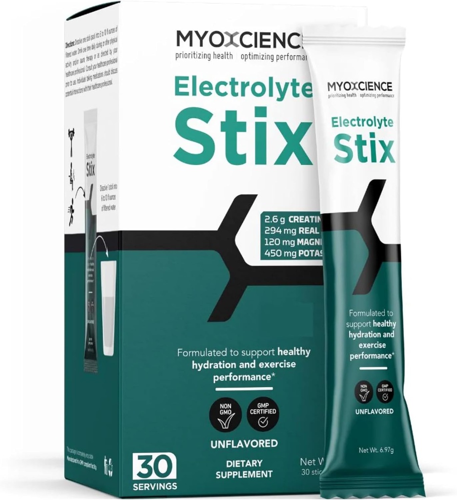 MYOXCIENCE Electrolyte STIX | Creatine Electrolyte Powder | Recovery from Exercise & Muscle Development w/Real Salt (Unflavored) (Stix 30 ct)