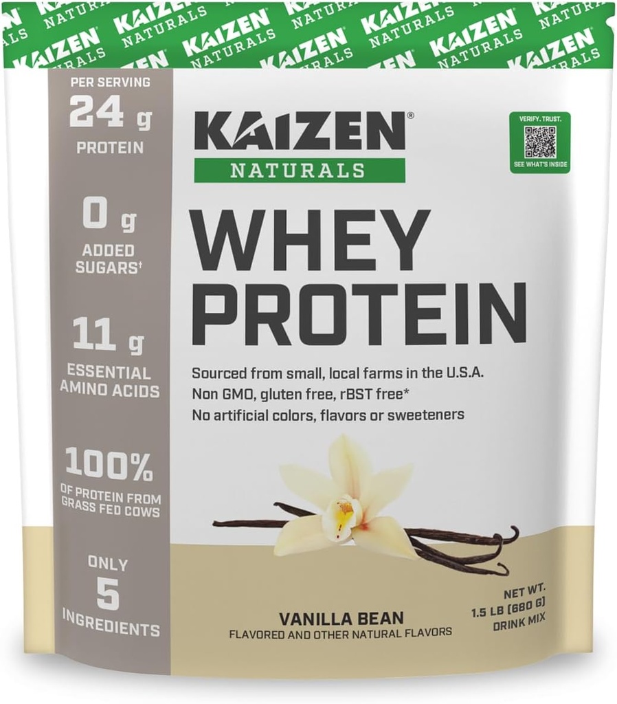 Whey Protein | Vanilla | 24g Protein | Grass fed | No Artificial Ingredients | 5 Ingredients | Satisfy Hunger | See the Test Results | No Added Sugar | Gluten Free | Non GMO | 1.5lb | 21 servings