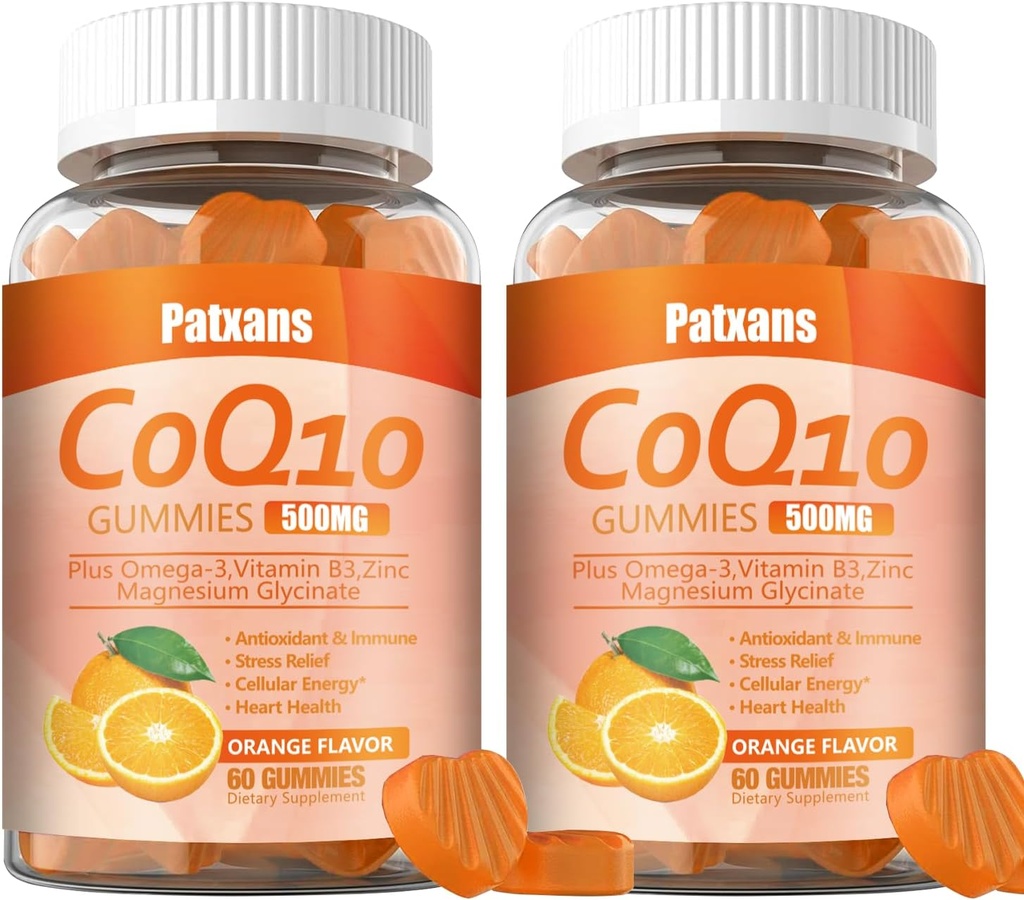 2 Packs 500MG CoQ10 Supplement Gummies, Omega-3, Magnesium, Vitamin B3, Zinc, Ultra High Absorption Provides Healthy Support for Heart, Cell Energy ＆ Antioxidants, 120Cts.