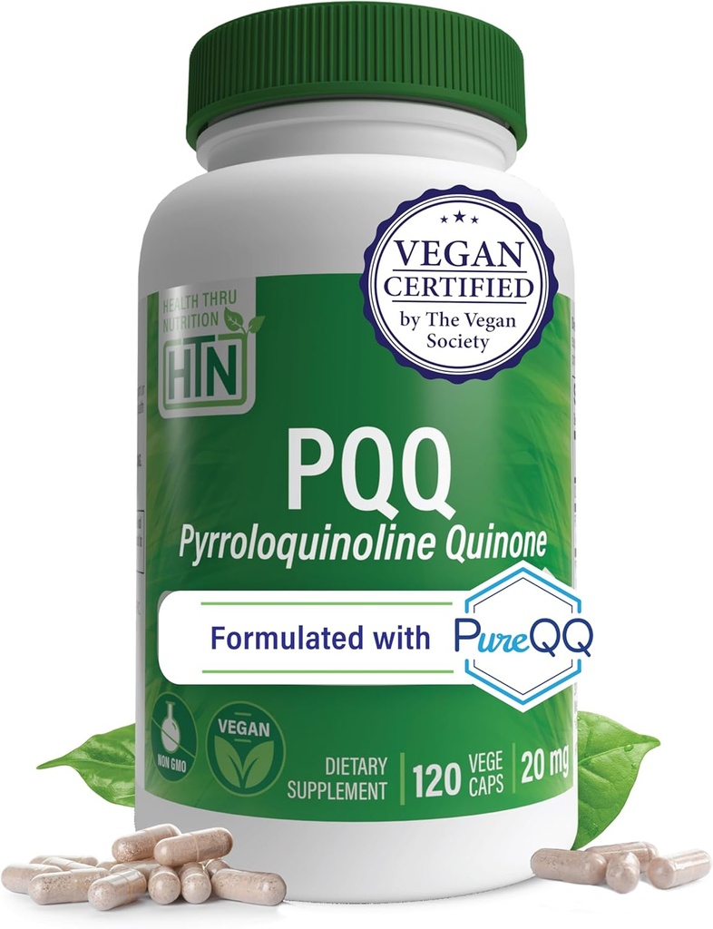 Health Thru Nutrition PQQ 20mg 120 Servings Pyrroloquinoline Quinone as PureQQ | Promotes Mitochondrial Biogenesis | Certified Vegan | Non-GMO Gluten Soy Free Capsules| Clean Label PQQ Supplement