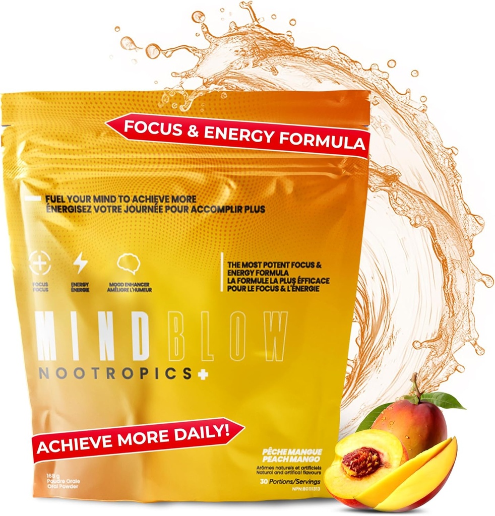 Nootropic Brain Supplement for Energy, Focus & Mood with Caffeine, L-Tyrosine, Teacrine & Alpha GPC– for Gamers, Gym Enthusiasts, Students & Entrepreneurs- 30 Servings (Peach Mango)