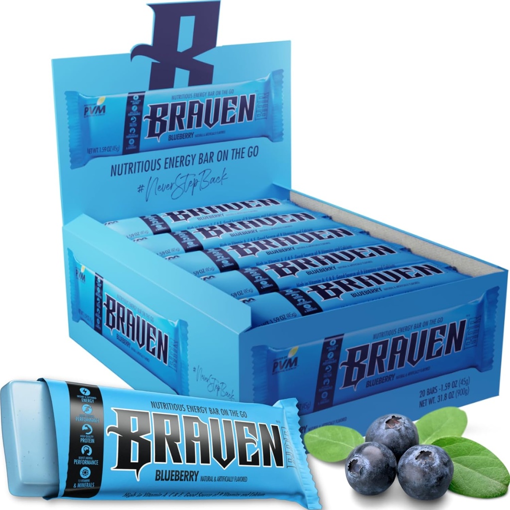 Braven Bar Blueberry Energy Bars (1.59 oz, Pack of 20) – Energy Chews with 5g Protein – On-the-Go Energy Snacks for Running, Hiking, and Sports - Gluten Free Snacks for Sustained Energy Boost