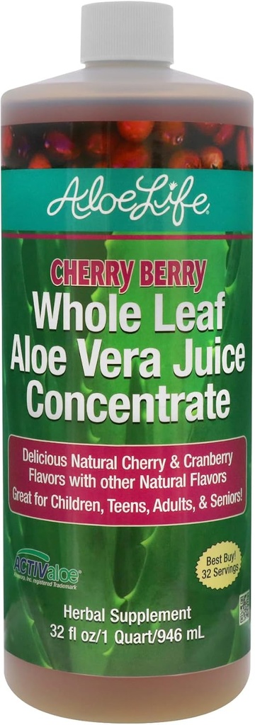 Aloe Life - Whole Leaf Aloe Vera Juice, Certified Organic, Gluten-Free (Cherry Berry, 32 oz)