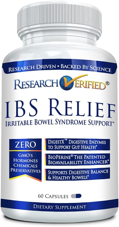 Research Verified IBS Relief - Natural Digestive Enzymes, BioPerine - 60 Capsules - Pack of 1