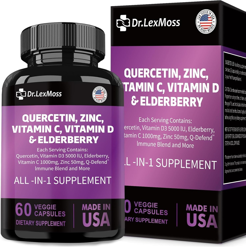 60 Count Quercetin 1000mg Zinc 50mg Vitamin C 1000mg Vitamin D 5000IU Immune System Support Supplement with Echinacea Ginger Bromelain Sea Moss Garlic Nettle Vegan Capsules for Men and Women,USA