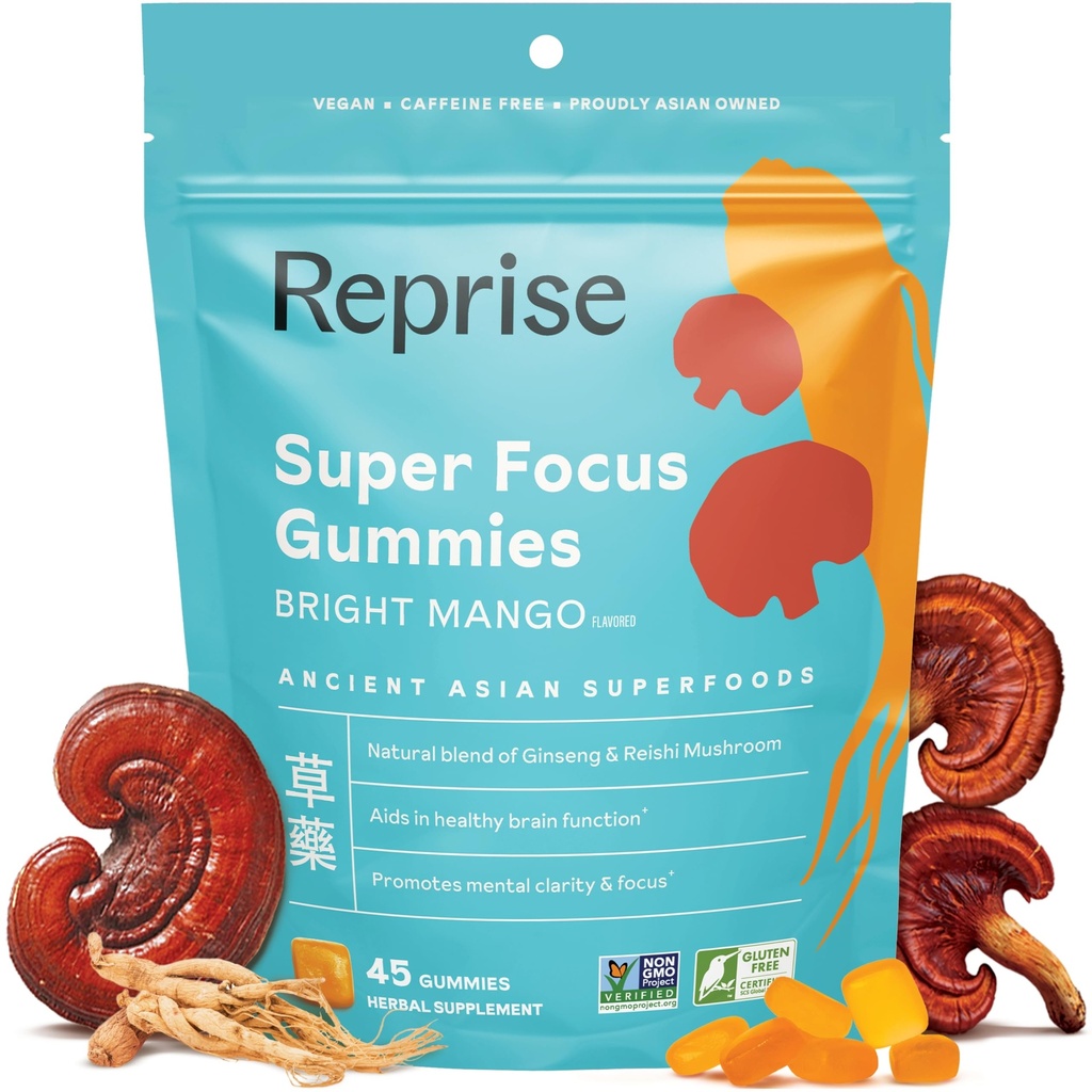 Focus Gummies for Adults | American & Korean Ginseng with Reishi Mushroom extracts | All Natural Gummies for Focus, Mood, and Energy | Mango Flavored | 45 Count