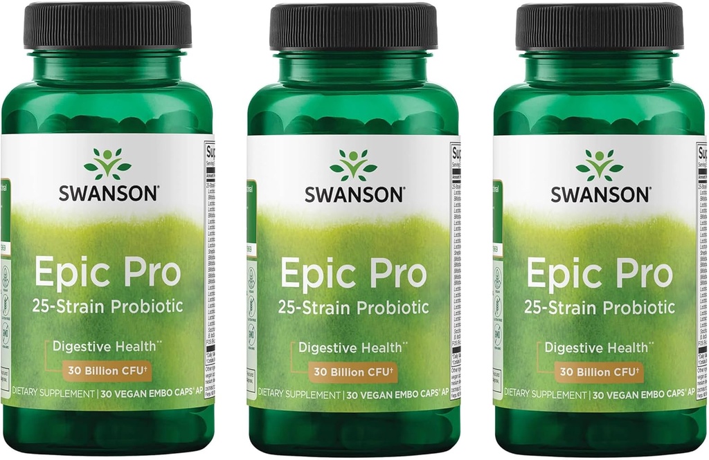 Swanson Epic-Pro 25-Strain Probiotic 30 Billion CFU Digestive Health Immune System Support Prebiotic Nutraflora FOS 30 DRcaps Veggie Capsules (Caps) (3 Pack)