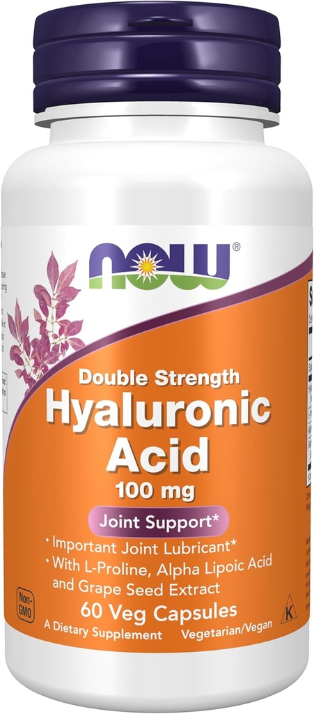 NOW Foods Supplements, Hyaluronic Acid 100 mg, Double Strength with L-Proline, Alpha Lipoic Acid and Grape Seed Extract, 60 Veg Capsules