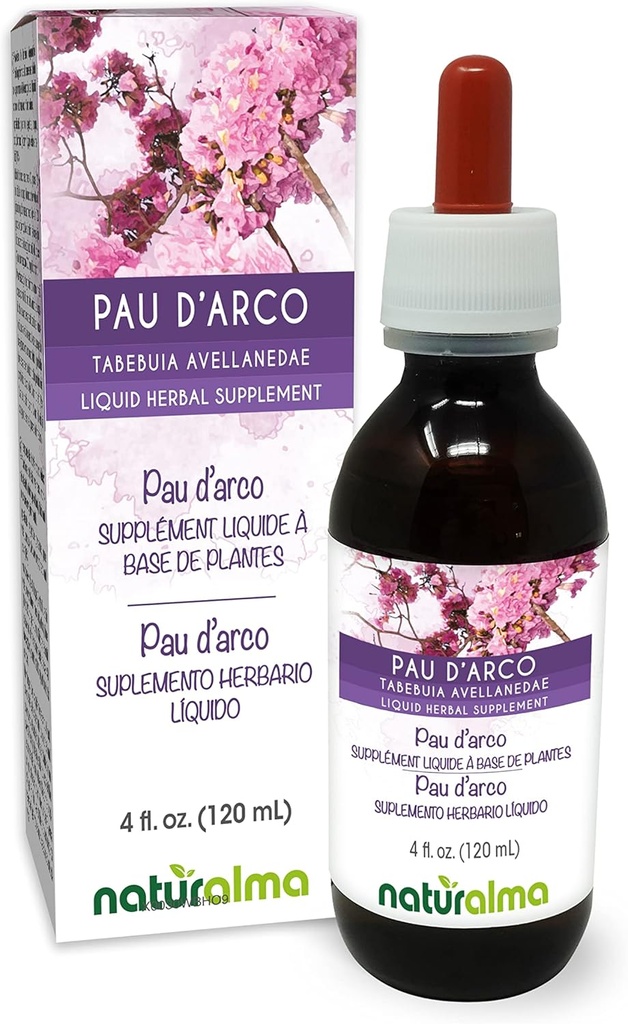 Naturalma PAU d'arco or Lapacho (Tabebuia avellanedae or Tecoma curialis) bark Alcohol-Free Tincture - 4 fl oz Liquid Extract in Drops - Herbal Supplement - Vegan