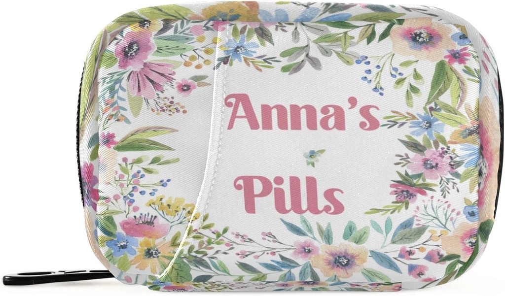 Custom Pill Box 7 Day Pill Case Bag Watercolor Flower Personalized Name Travel Pill Organizer Bag with Zipper Portable Weekly Case Compact Size for Vitamin Supplement Holder