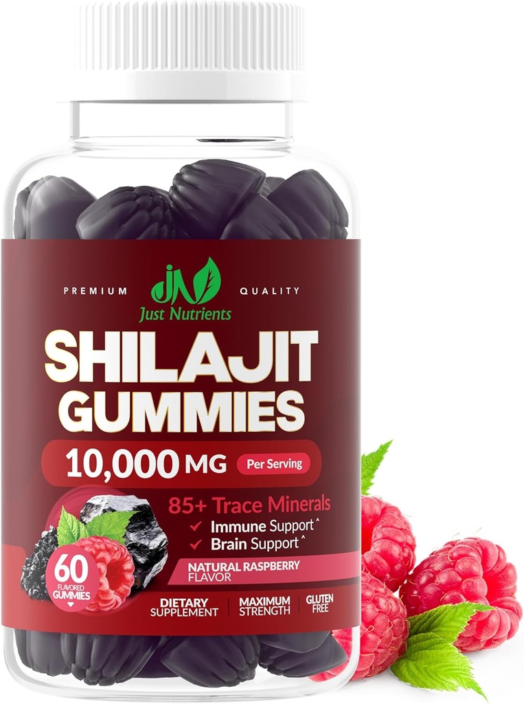 Shilajit Gummies 10,000mg for Men & Women - Maximum Strength Pure Himalayan Shilajit, Gluten-Free, Non-GMO, 100% Vegetarian - Natural Raspberry Flavor - 60 Count