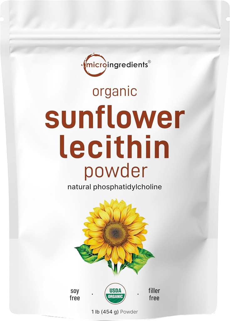 Micro Ingredients Organic Sunflower Lecithin Powder, 1 Pound, Sustainable Farmed, Cold Pressed, Rich in Phosphatidyl Choline and Protein, Making Liposomal Vitamin C, Lactation Supplement, Non-GMO