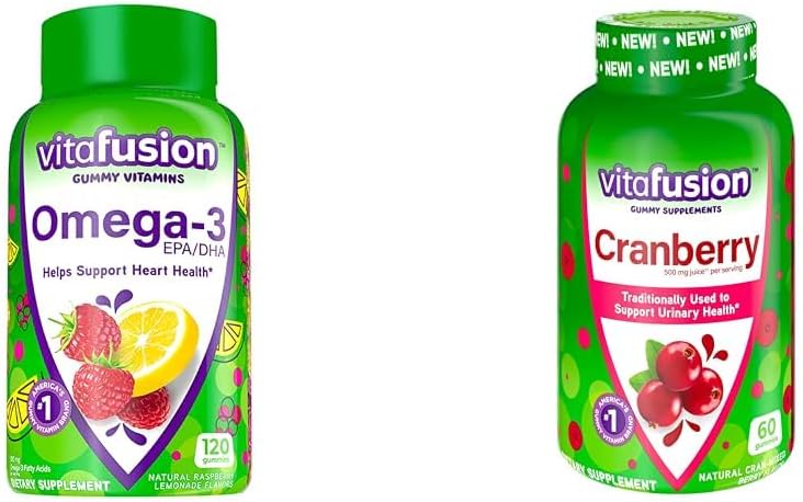 Vitafusion Omega-3 Heart Health Gummy Vitamins with Cranberry Gummies for Women, 120 Count Omega 3 EPA/DHA Berry Lemonade and 60 Count 500mg Cranberry Juice Concentrate per Serving