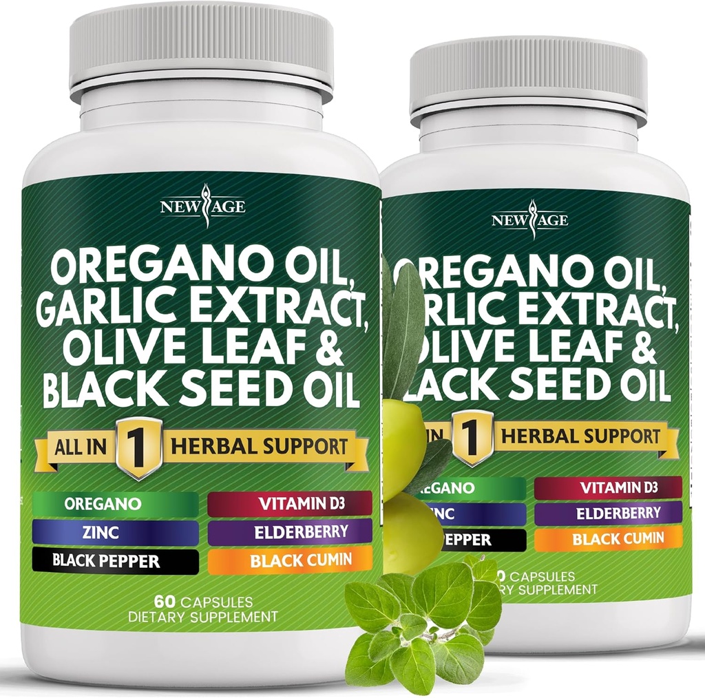 NEW AGE Oregano Oil Garlic Extract Olive Leaf with Astragalus - Supplement for Women and Men - 120 Count