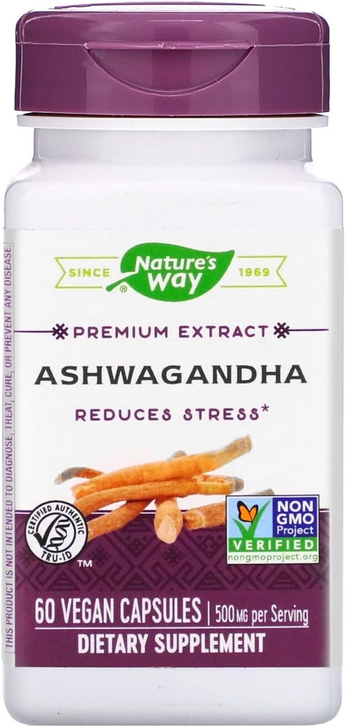 Nature's Way Ashwagandha, Reduces Stress*, Premium Extract, Adaptogenic*, Non-GMO Project Verified, Vegan, 60 Capsules