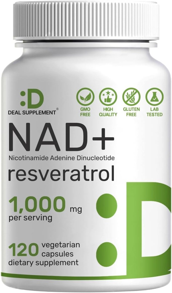 NAD+ Resveratrol Supplement 1,000mg Per Serving, 120 Veggie Capsules | 2-in-1 Extra Strength NMN Supplement Alternative | NAD for Women & Men | Promote Energy, Anti-Aging & Cell Regeneration – Non-GMO