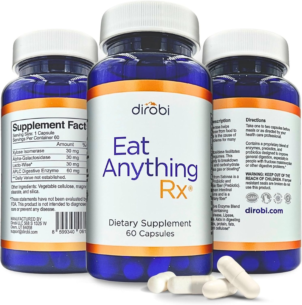 Dirobi Eat Anything Xylose Isomerase Fructose Malabsorption Enzymes, FODMAP Supplement, Digestive Enzymes for Better Lactose, Fat, Protein & Carbohydrate Digestion Gas & Bloating Relief 60 Capsules