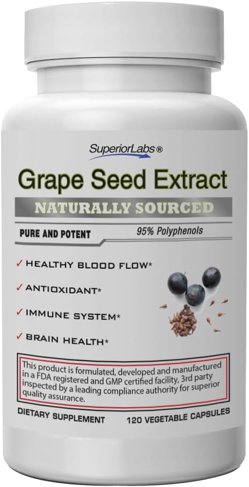 Superior Labs Grape Seed Extract, 400mg, 120 Vegetable Capsules, 95% Polyphenols, High Antioxidant Content, Healthy Blood Flow, Supports Immune System and Brain Health