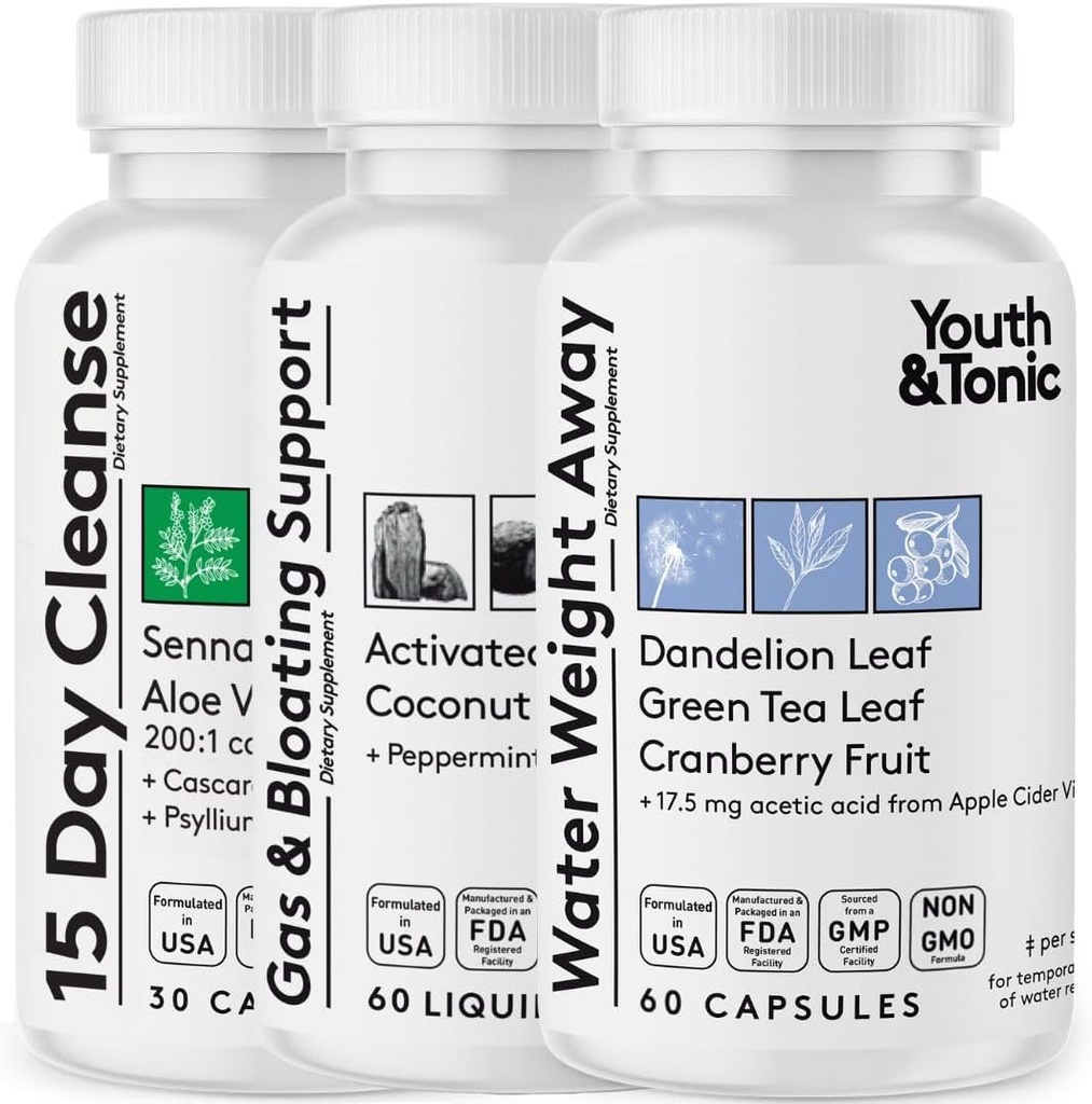 Youth & Tonic 3X Belly Bloating Pills for Puffiness, Water Debloat, Stomach, Gut & Colon Cleanse Detox | with Liquid Activated Charcoal, Coconut & Peppermint Oil, Senna Leaf & More | 150 Capsules