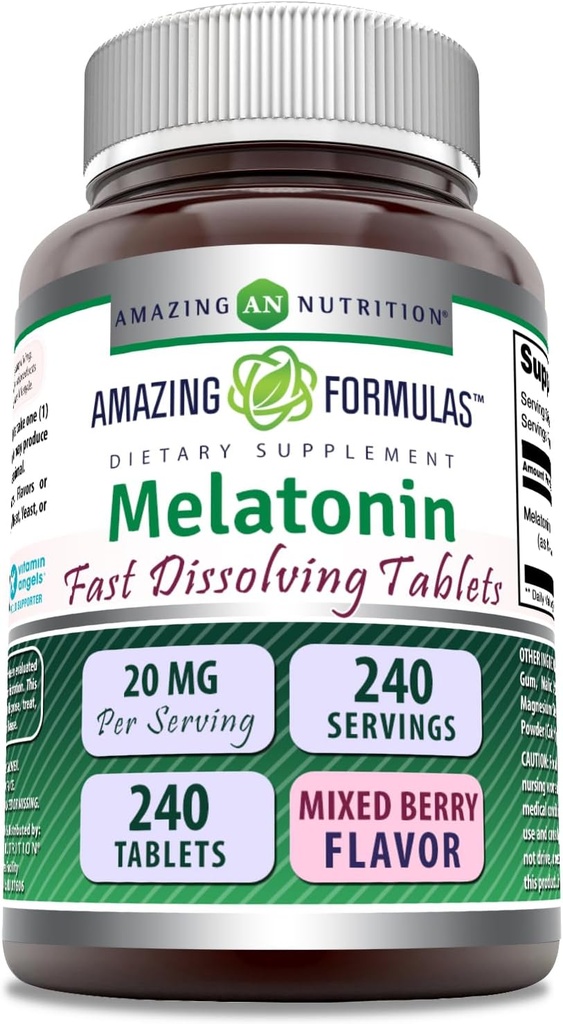 Amazing Formulas Melatonin Fast Dissolving Supplement | Mixed Berry Flavor | 20 Mg Per Serving | 240 Tablets | Non-GMO | Gluten-Free | Made in USA