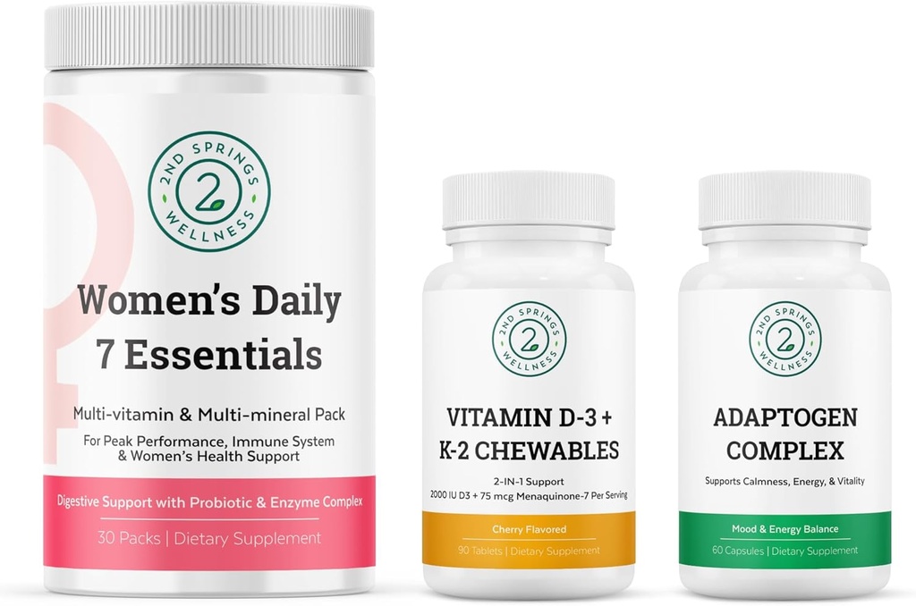 Women's Daily 7 Essentials, Vitamin D3 + K2 Chewables & Adaptogen Complex Bundle