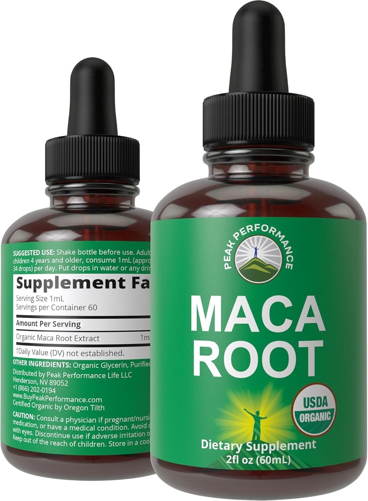 Maca Root Liquid Drops. USDA Organic Vegan Extract Supplement For Women and Men. High Bioavailability Supplements. Maca For Energy, Endurance, and Mood Support. Zero Sugar, Gluten Free, No Capsules