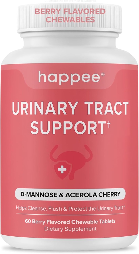 Happee Urinary Tract Health Supplement for Women & Men – Fast-Acting UTI Relief and Prevention, 500mg D-Mannose & Antioxidants, Supports Kidney and Bladder Health, Berry Flavor, 60 Chewables