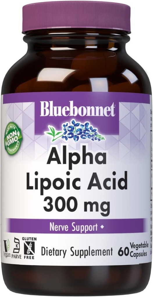 BlueBonnet Alpha Lipoic Acid 300mg - Powerful Antioxidant Nerve Support Supplement for Women & Men - Non-GMO, Vegan, Kosher - Gluten-Free, Soy-Free, Dairy-Free - 60 Vegetable Capsules
