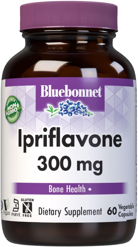 BlueBonnet Nutrition Ipriflavone 300mg – for Bone Health* – Ostivone Source - Non-GMO, Vegan, Kosher Certified, Gluten-Free, Soy-Free, Dairy-Free – 60 Vegetable Capsules, 60 Servings