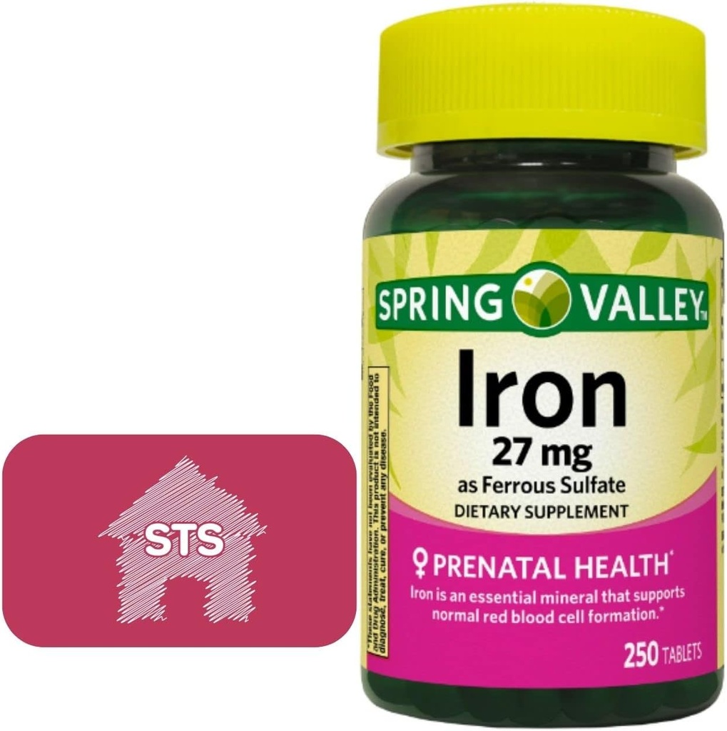 Spring Valley Iron as Ferrous Sulfate 27 mg, 250 Count + STS Home Sticker.
