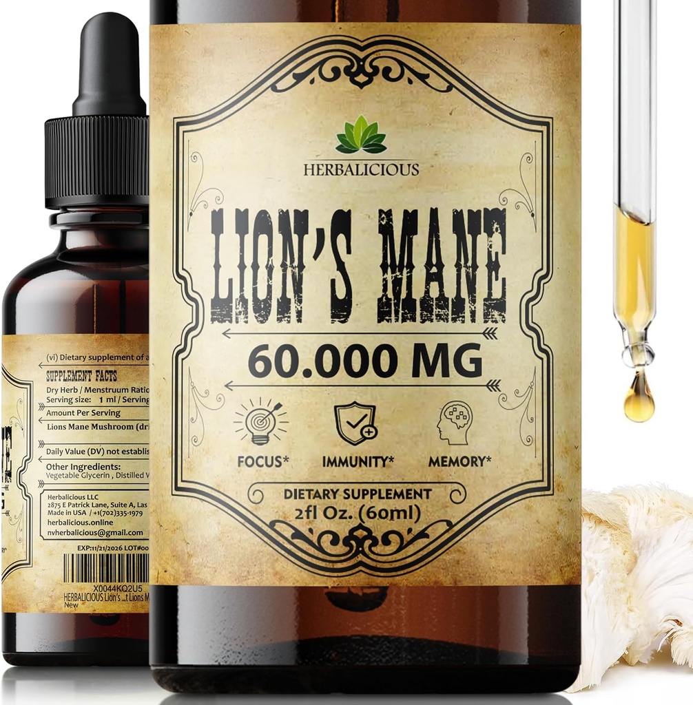Lion's Mane Extract 2 fl oz Liquid – Natural Mushroom Supplement Tincture for Brain, Memory, Mental Clarity & Focus – Immune Support – High Potency Formula – 90-Day Supply