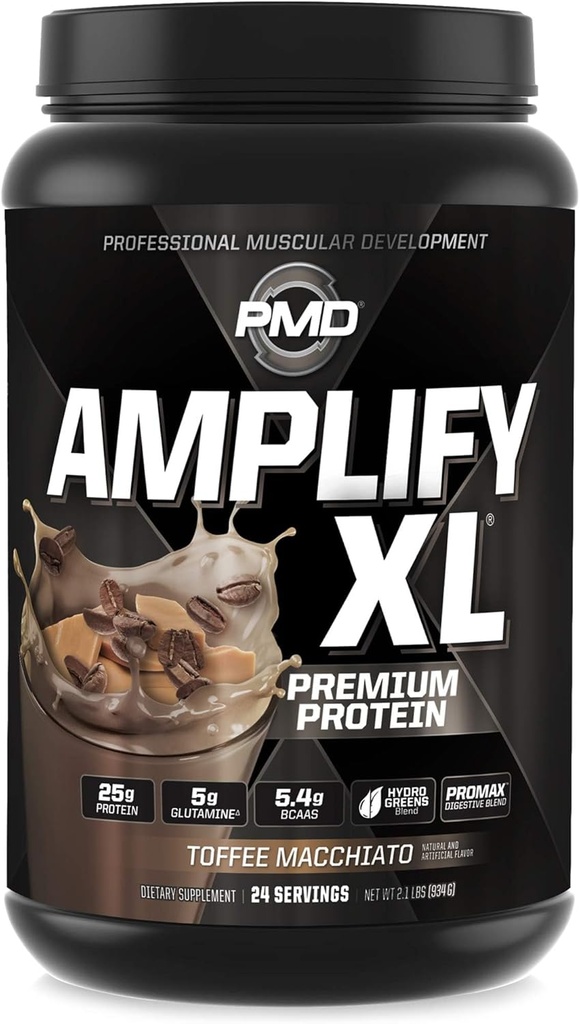 PMD Sports Amplify XL Premium Whey Protein Supplement Hydro Greens Blend - Glutamine and Whey Protein Matrix with Superfood for Muscle, Strength and Recovery - Toffee Macchiato (24 Servings)