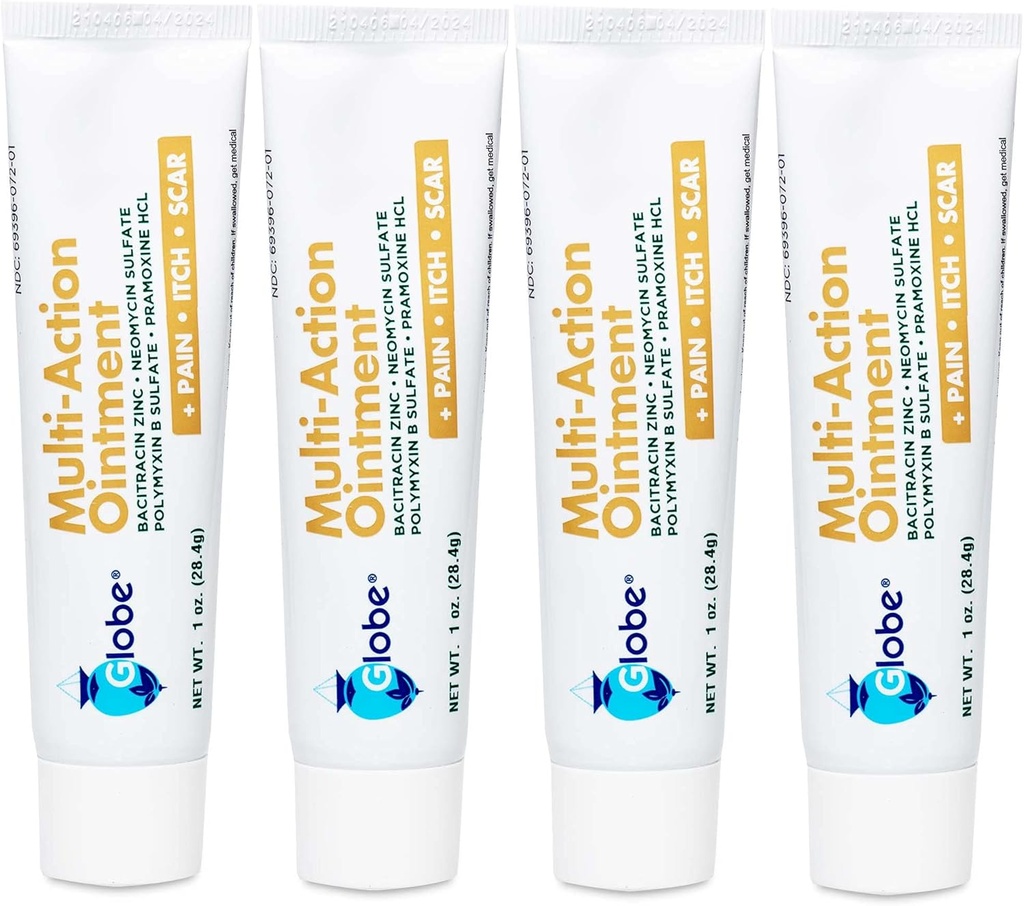 Globe (4 Pack) First Aid Antibiotic Scar Minimizing Pain-Relief, Anti-Itch Ointment with Neomycin, Bacitracin Zinc, Pramoxine HCl & Polymyxin B, for Minor Cuts, Scrapes & Burns