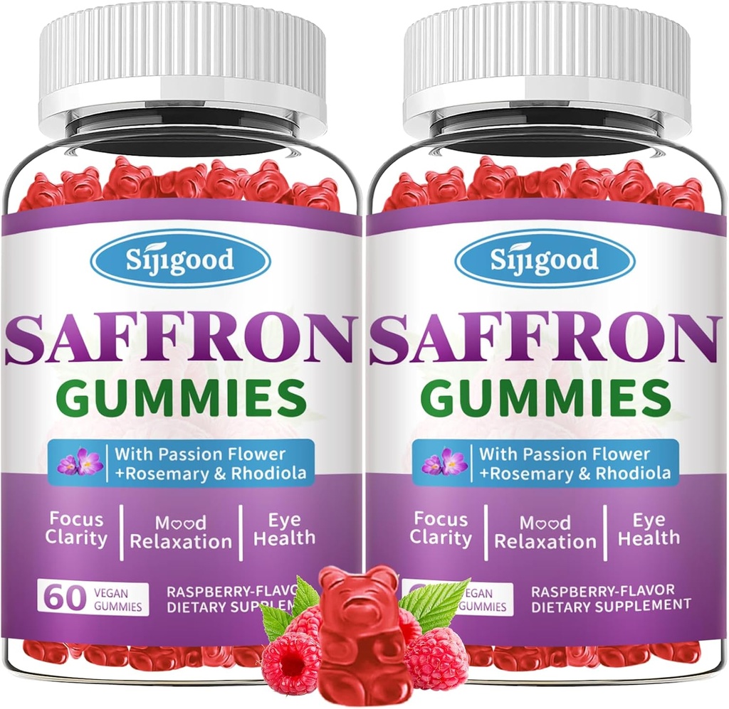 2 Packs Saffron Gummies - Sugar Free Saffron Supplement for Men Women Mood Support Supplement with Saffron Extract, Passion Flower, Magnesium & Vitamins for Relaxation, Focus, Raspberry Flavor